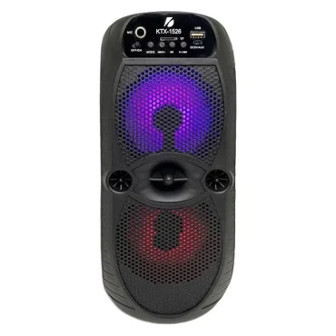 اسپیکر بلوتوثی قابل حمل کی تی ایکس مدل KTX-1526، مدت زمان پخش 1 ساعت، نسخه بلوتوث 5، منبع انرژی باتری و برق، نوع باتری لیتیوم یونی، مدت زمان شارژ شدن 3 ساعت، درگاه ارتباطی شامل USB، AUX، کارت حافظه، رقص نور، کارائوکه